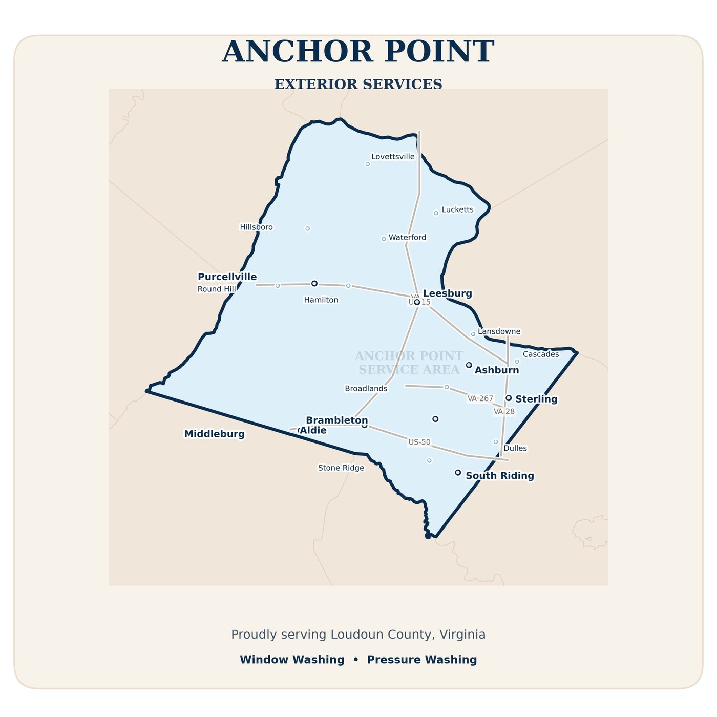 Map of Loudoun County, Virginia, highlighting the Anchor Point Exterior Services service area
