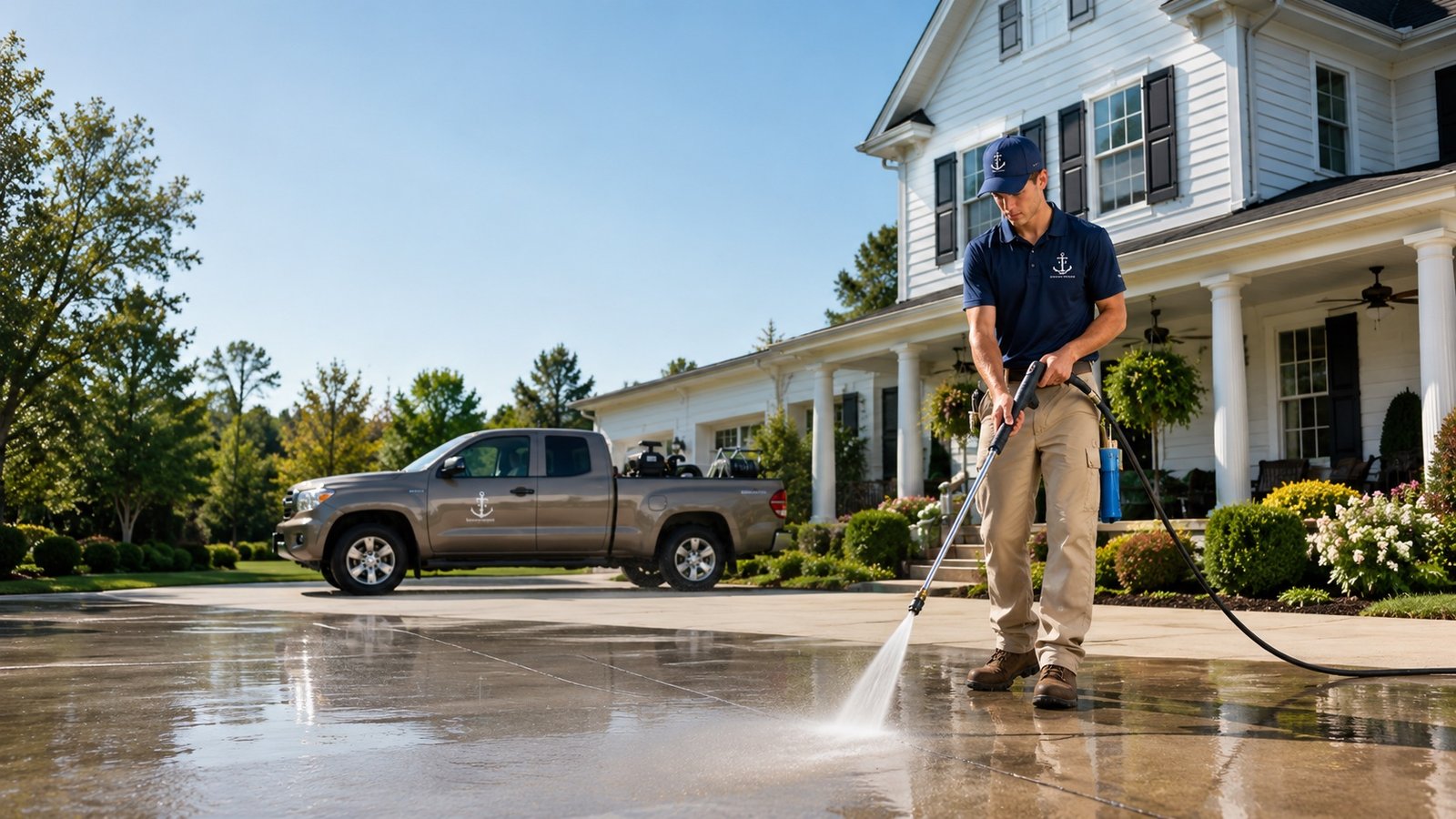 Anchor Point technician pressure-washing a driveway at a colonial home in Loudoun County