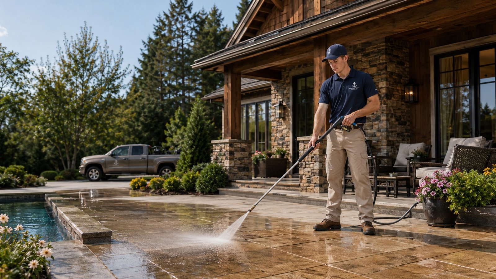 Stone patio cleaning at a luxury home