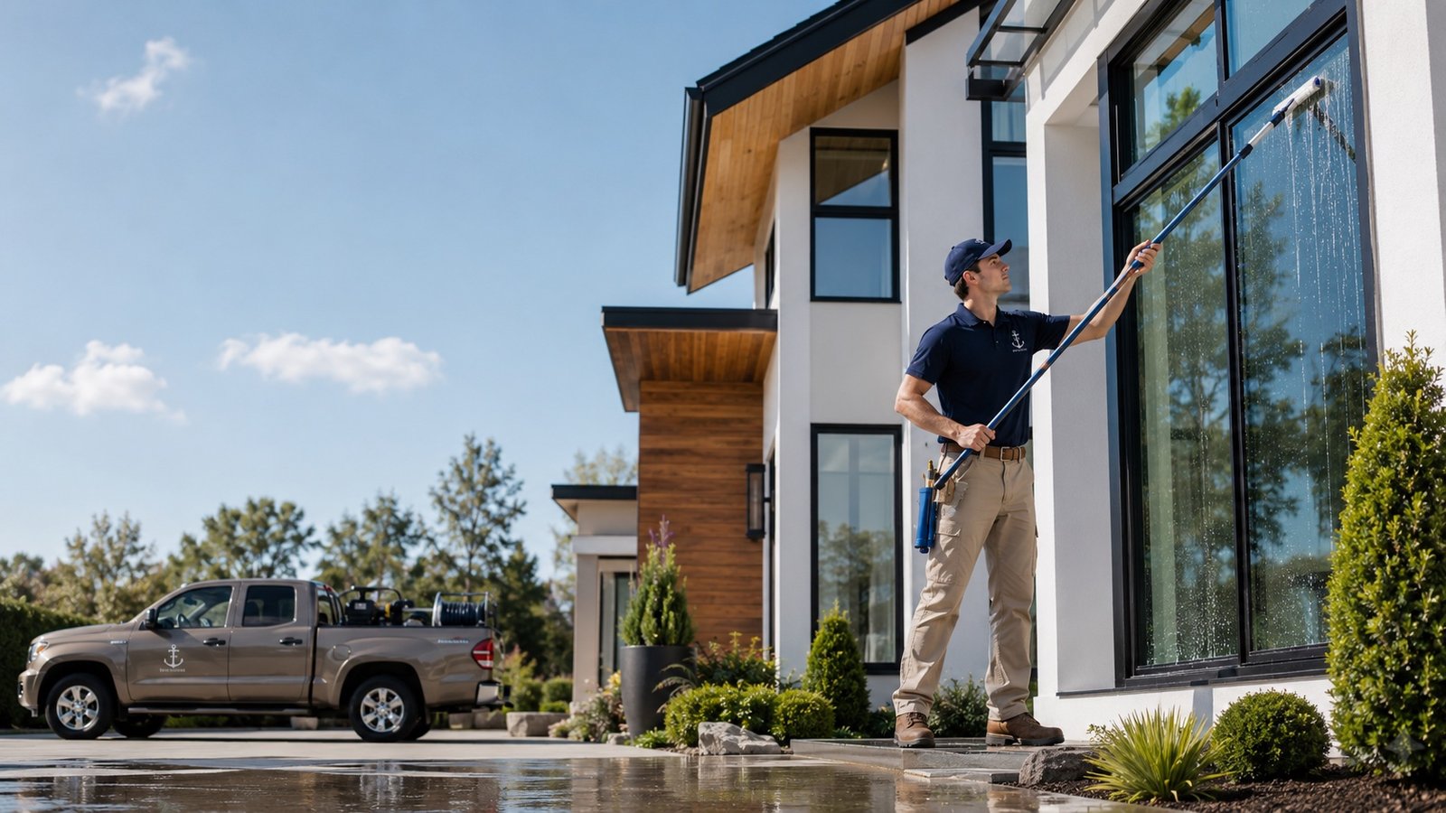 Exterior window cleaning at a modern home