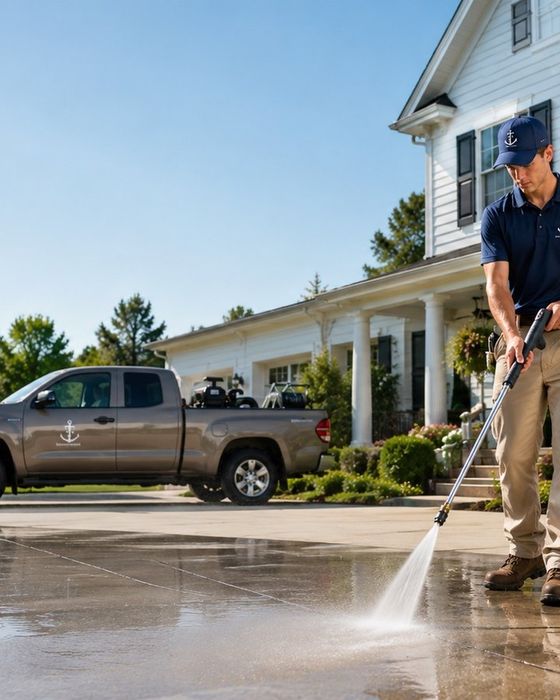 Driveway pressure washing at a Loudoun County colonial home