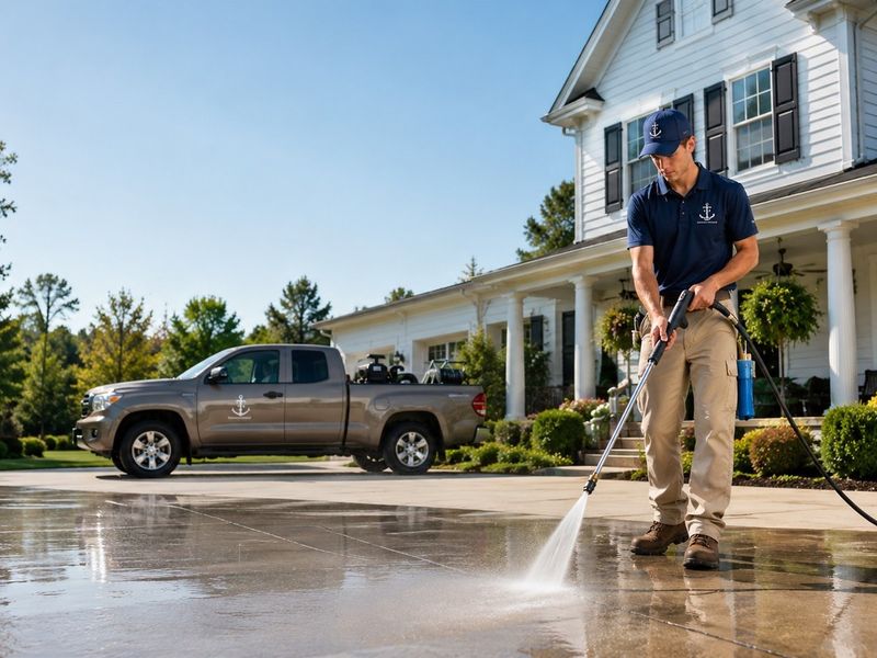 Anchor Point technician pressure-washing a driveway at a colonial home in Loudoun County