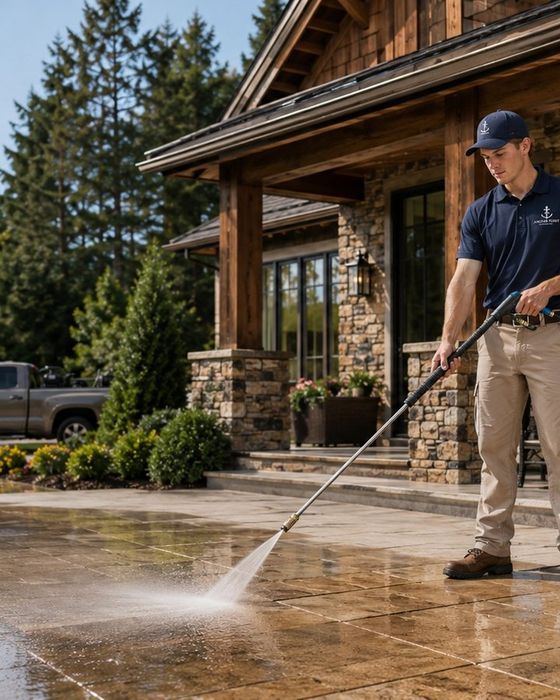 Stone patio cleaning at a luxury home