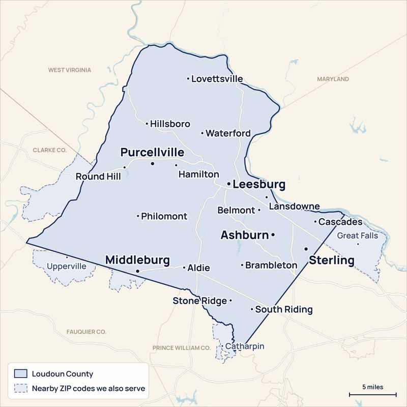 Map of Loudoun County, Virginia, highlighting the Anchor Point Exterior Services service area