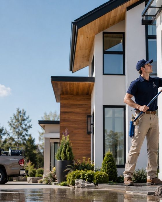 Exterior window washing at a modern home